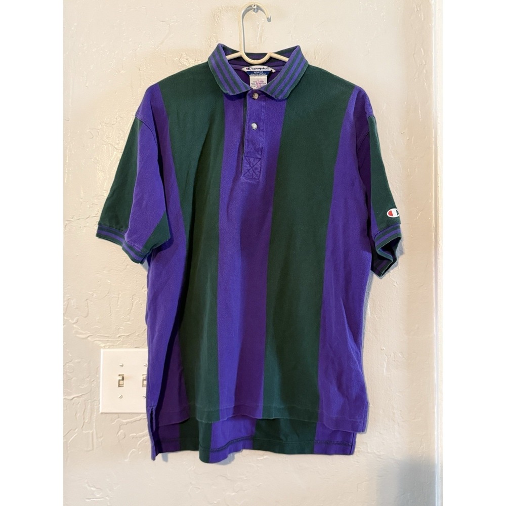 Vintage Champion Vertical Stripe Polo Shirt Large Late 90s Y2K Purple & Green